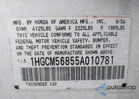 2005 Honda Accord 2.4 Ex z USA, uszkodzony, nr VIN 1HGCM56855A010781